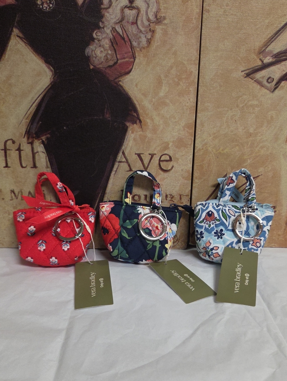 Vera Bradley Target Mini Quilted Tote Keychain Trio in Red, Navy, and Light Blue